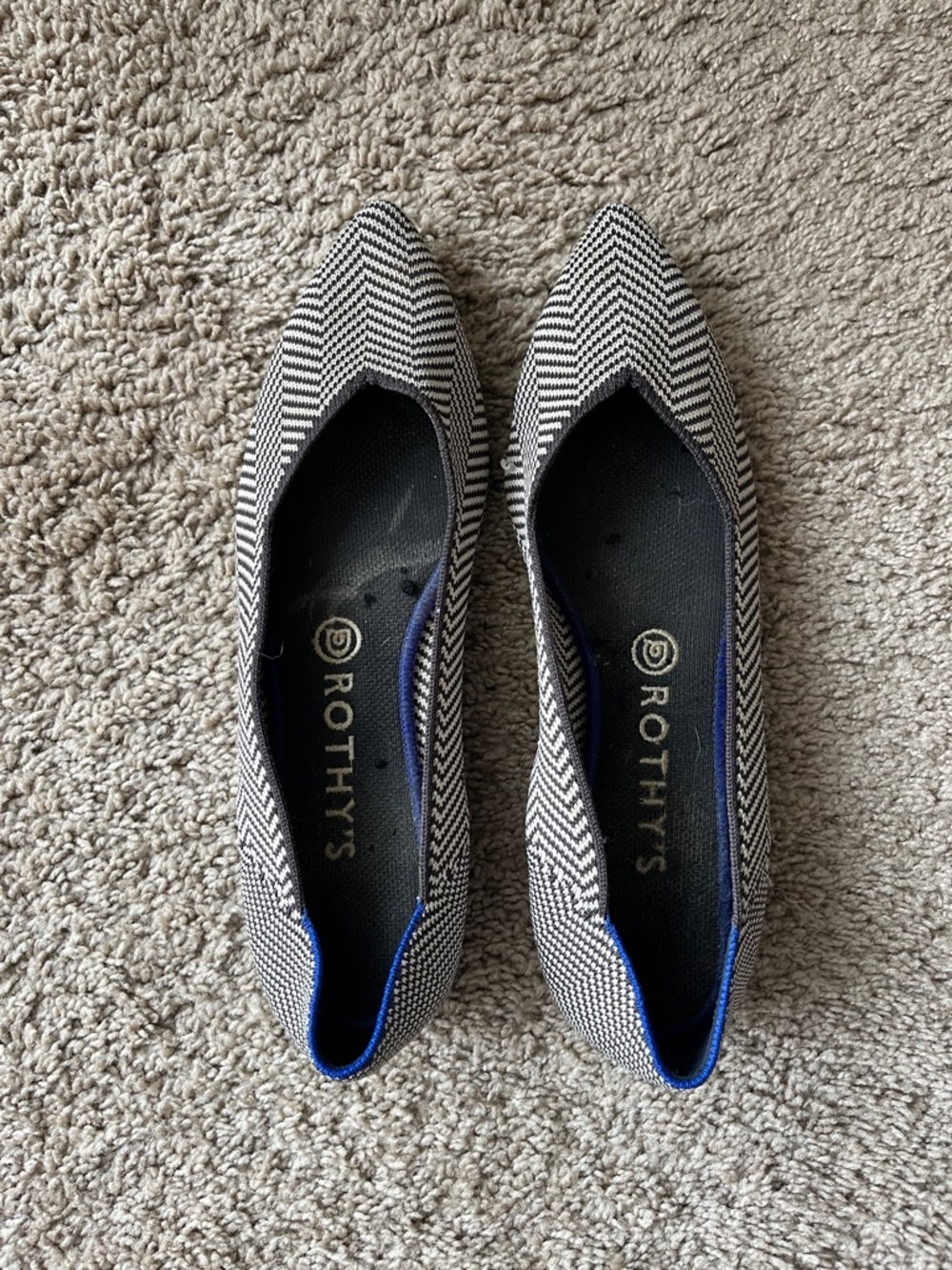 Rothy's Chevron Pointed Flats in Black and White with Blue Trim